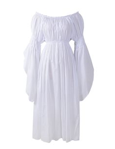 a white dress with long sleeves and an off the shoulder neckline, on a white background