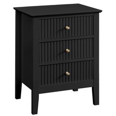 a black nightstand with three drawers and two brass knobs on the bottom, against a white background