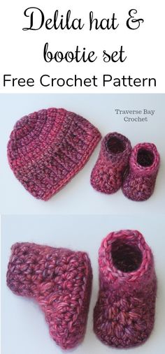 the crochet hat and booties set is shown with text that reads, free crochet pattern