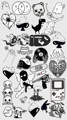 a bunch of different types of stickers in black and white