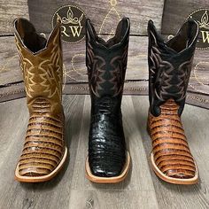 COLOR:COGNAC, HONEY AND BLACK. ALLIGATOR PRINT (NOT REAL ALLIGATOR SKIN). ALLIGATOR BELLY. LEATHER SOLES FOR LONGER DURABILITY. NEVER WORN. WATER RESISTANT. TOE: SQUARE TOE. FINE QUALITY WESTERN BOOTS. Fitted Western Boots With Crocodile Pattern, Western Square Toe Boots, Alligator Tail, Brown Work Boots, Mens Boots For Sale, Custom Cowboy Boots, Rodeo Boots, Nice Boots, White Cowboy Boots