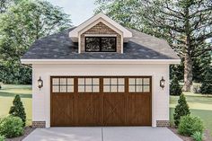 a two car garage is shown with windows on the top and bottom half of it