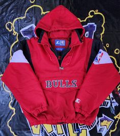 Vintage 1990s Chicago Bulls Starter Pouch Jacket  In good condition  Small hole Light wear front letters 9/10 Large 28 x 28.5 Pit to Pit Vintage Windbreaker With Pockets For Streetwear, 90s Winter Sports Outerwear, 90s Winter Outerwear For Sports Events, Vintage Hooded Sport Coat For Streetwear, Retro Sport Coat With Pockets For Streetwear, 90s Style Winter Windbreaker For College, 90s Style Winter Windbreaker, Nba Bulls, Cute Nike Outfits