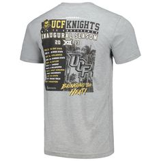 Show your excitement for the 2023 UCF Knights football season in this Inaugural Big 12 Schedule T-shirt. It features team graphics on the front and back, displaying all of the Knight's gridiron opponents. The eye-catching design is screen printed on a comfortable, standard fit tee, perfect for any loyal UCF Knights supporter.Show your excitement for the 2023 UCF Knights football season in this Inaugural Big 12 Schedule T-shirt. It features team graphics on the front and back, displaying all of t Graphic Print T-shirt For Football Season Fan Events, Collegiate Graphic Print T-shirt For Fan Events, Football Season Fan Apparel T-shirt, Team Name Tops For Baseball Season Fan Events, Athletic Heather Fan Apparel T-shirt For Sports Season, Collegiate T-shirt For Fan Events, Baseball Season Tops With Team Name For Fan Events, Athletic Heather Fan Apparel T-shirt, Fan Apparel T-shirt In Athletic Heather