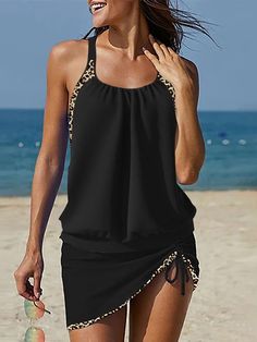 Women's Swimwear Swimdresses Swimsuit Ruched Leopard Plain High Neck Beach Wear Basic Bathing Suits 2024 - $27.99 Womens Tankini Swimwear, Summer Bathing Suits, Leopard Black, Black Bathing Suits, Beach Activities, Swimwear Tankini, Print Swimsuit, Tonga, Summer Adventures