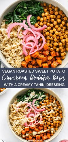 vegan roasted sweet potato chickpea buddha bowl with creamy tahini dressing