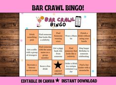 This  Bar Crawl Bingo is the perfect companion for your next pub adventures! This engaging game is designed to spice up your bar crawl experience, ensuring laughter and unforgettable memories with friends. 📥 What You Get: 3 Versions of Bar Crawl Bingo game - Scavenger Hunt, Find Someone Who and a mix of the two! PDF Files: Instantly downloadable in 2 convenient printable sizes: US Letter (8.5x11in)  and Half Us Letter  (5.5 x 8.5 in) Links to access templates in Canva if you which to edit or pe Pub Crawl Challenges, Pub Crawl Bingo, Bar Crawl Scavenger Hunt, Bar Crawl Bingo, Adult Scavenger Hunt, Birthday Night, Memories With Friends, Bar Crawl, Birthday Bar