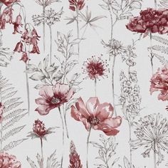 red and white floral wallpaper with lots of pink flowers on the bottom right corner