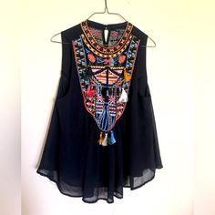 Nwt- Ready For Warmer Weather- Here Is A Top For You! Black Embroidered Top For Summer Festival, Black Tops With Geometric Embroidery For Summer, Summer Black Tops With Geometric Embroidery, Bohemian Sleeveless Top With Geometric Embroidery, Casual Black Embroidered Top With Geometric Design, Casual Black Top With Geometric Embroidery, Casual Black Blouse With Geometric Embroidery, Black Summer Blouse With Geometric Embroidery, Bohemian Black Tops With Embroidered Neckline