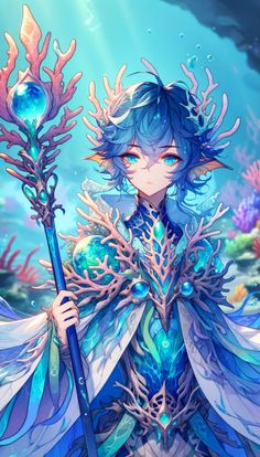 a girl with blue hair holding a stick in her hand and surrounded by corals