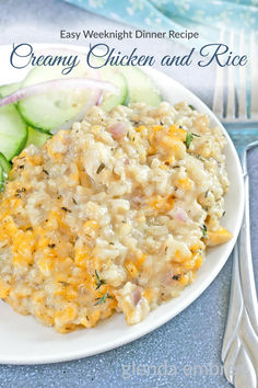 Creamy Chicken and Rice on a white dinner plate with cucumber salad. Shredded Chicken And Rice Recipes, Southern Chicken And Rice, Creamy Chicken Pot Pie, Juicy Baked Chicken, Creamy Chicken And Rice, Main Dish Casseroles, Slow Cooker Tacos, Easy Chicken Dinner Recipes, Weeknight Dinner Recipes Easy