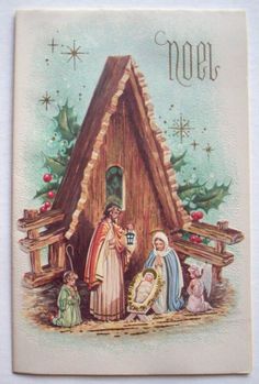 a christmas card with an image of the nativity scene in front of a house