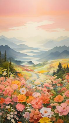 an oil painting of flowers and mountains in the background