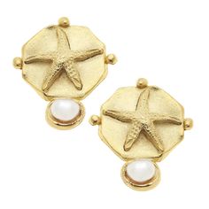 Susan Shaw Gold Starfish Pearl Studs Gold Jewelry For Summer Beach Weddings, Gold Jewelry For Beach Wedding In Summer, Elegant Summer Starfish Charm Earrings, Elegant Starfish Shaped Jewelry For Vacation, Elegant Starfish Jewelry For Vacation, Gold Starfish Earrings For Beach, Coastal Earrings, Susan Shaw, Starfish Jewelry