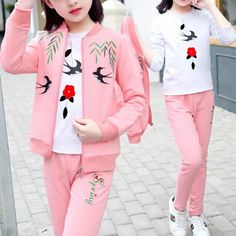 3-piece Swallow Pattern Coat & Sweatshirt & Pants for Girl - PrettyKid Cotton School Sets For Fall, Pink Cotton School Sets, Pink Long Sleeve Sets For Fall, White Matching Sets For Spring, Spring Matching White Sets, Casual Pink Fall Sets, Pink Matching Set For Fall, Pattern Coat, Coat Patterns