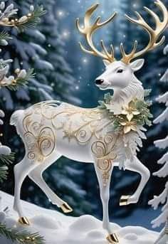 a white deer standing in front of a snowy forest