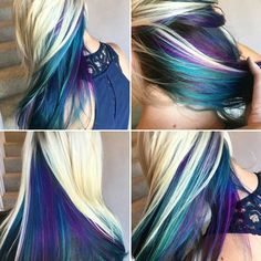 Blonde Galaxy Hair, Amazing Hair Color Ideas, What Colors Go Best With Blonde Hair, Diy Mermaid Hair Color, Spunky Hair Color, Purple And Teal Peekaboo Highlights, Mermaid Hair Underneath, Peacock Hair Color Peekaboo