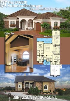 two story house plan with 3 car garage and attached living room, kitchen, dining area