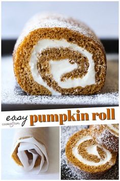 an easy pumpkin roll with cream cheese frosting on top and cinnamon swirl in the middle