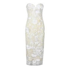 Experience the epitome of elegance with the Trend4us Strapless Lace Overlay Midi Dress – a flawless blend of style and comfort, tailored for the modern woman. Crafted with a figure-hugging bodycon silhouette, this dress exudes sophistication without sacrificing wearability. Made from luxurious satin, the fabric is not only sustainable but also breathable and easy to care for, ensuring you can enjoy this timeless piece for countless occasions. The strapless neckline highlights the shoulders, offering a touch of allure, while the natural waistline and tea-length cut celebrate the classic midi style. Adorned with delicate floral decorations, this dress strikes the perfect balance between simplicity and ornate design. Perfect for party-goers and fashion aficionados alike, the Trend4us dress is Spring Formal Bodycon Strapless Dress, Spring Formal Strapless Bodycon Dress, Spring Strapless Bodycon Dress For Formal Occasions, White Knee-length Strapless Formal Dress, White Strapless Knee-length Evening Dress, White Fitted Strapless Dress With Straight Neckline, Spring Bodycon Dress For Gala, Summer Formal Bodycon Dress With Sweetheart Neckline, White Strapless Midi Dress Elegant