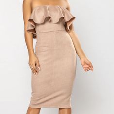 Taupe, Strapless, Midi Dress, Perfect For Any Event. ( New With Tag ) Strapless Beige Bodycon Dress For Spring, Strapless Midi Dress, Fashion Nova Dress, Fashion Nova Dresses, Classy Dress, Fashion Nova, One Shoulder Dress, Colorful Dresses, Checks