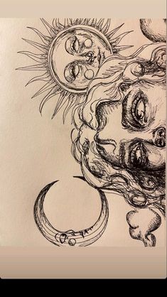 a drawing of a woman's face with sun and moon above her head, in black ink