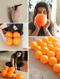 the woman is playing with oranges on the floor and making them look like they are floating