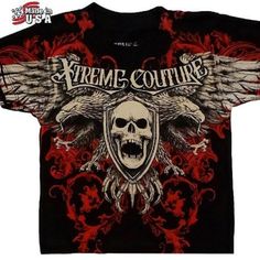 Brand New With Tags Affliction Xtreme Couture Short Sleeve T-Shirt In Toddler Size 2t. Black With Red And Ivory Graphics Both Sides. Super Rare!! Msrp $34. Proudly Made In Usa! Red Affliction Shirt, Red Skull Print Short Sleeve Top, Red Short Sleeve Top With Skull Print, Affliction Outfits, Emo Tops, Affliction Tshirt, 2000s Graphic Tee, Screaming Skull, Affliction Clothing