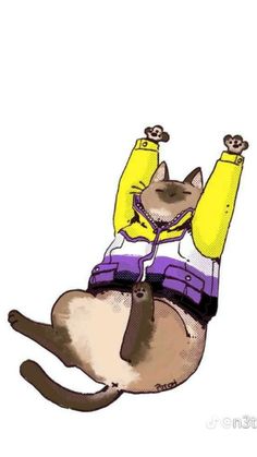 a cat is wearing a yellow jacket and purple pants while sitting on it's back