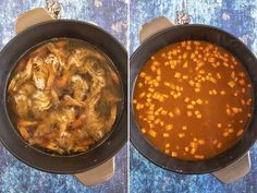 two pictures showing the process of cooking food in a pot