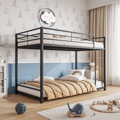 a bunk bed in a child's bedroom with blue walls