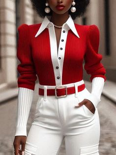 Black Friday Sale,Up To 70% Off.Buy Inexpensive Sweaters at Stylewe online store, SPU: 117SWB5058B, Color: White-Red, Pattern:Color Block, Style:Elegant. Winter Office Outfits Women, Red Black Outfit, Classy Sweater, Shirt Collar Pattern, Balloon Sleeve Shirt, Christmas Knit, Elegant Outfit Classy, Chanel Style, Elegant Sweater