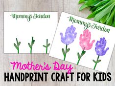 two handprint crafts for kids with flowers on them