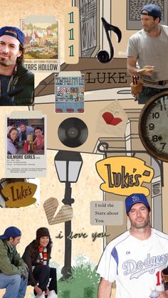 a collage of photos with people, clocks and other things to see on the wall