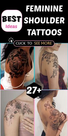 the back of a woman's shoulder with flowers on it and text that says best shoulder tattoos