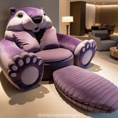 a purple bear chair and footstool in a living room with modern furniture behind it