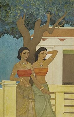 two women standing next to each other near a tree