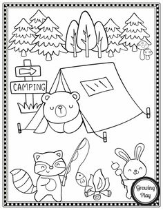 a coloring page with animals and a tent in the woods, camping is fun for kids