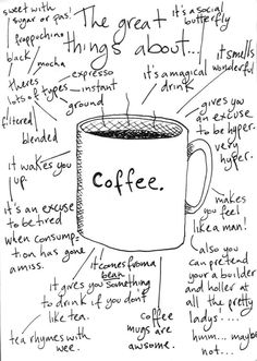 a coffee cup with writing on it and some words written in the bottom right corner