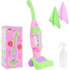 a pink and green toy vacuum cleaner next to a box with its cleaning cloth on it