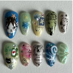 Saiki K Nails, Bakugou Nails, Circus Nails, Types Of Nails Shapes, Witchy Nails, Nail Board, Anime Nails, Colored Acrylic