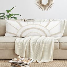 a living room with a couch, coffee table and mirror