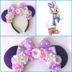 two pictures of minnie mouse ears with flowers on them and one has a purple polka dot headband