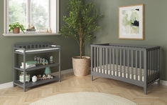 Cool gray crib and changing table in a soft green nursery with a plant and abstract art piece above the crib. View is of the corner of the room. Fall Nursery, Crib Nursery, Nursery Changing Table, Grandparents House, Nursery Furniture Collections, Small Nurseries, Nursery Inspo, Bed Rails, Nursery Furniture Sets