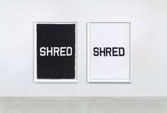 two black and white paintings with the word shred printed on them in front of each other