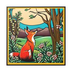 a painting of a red fox sitting in the grass with trees and flowers around it