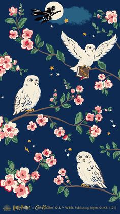 two white birds sitting on a branch with flowers and stars in the sky behind them