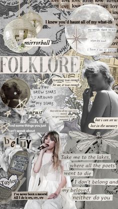 a collage with words and pictures on it, including an image of a woman in white