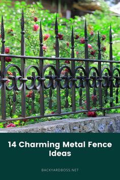 an iron fence with roses growing behind it and the words, charming metal fence ideas