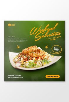 a green and yellow flyer for a restaurant with food items on the plate in front of it